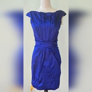 Karen Millen structured dress shiny bright blue minidress side zip fits sz 2